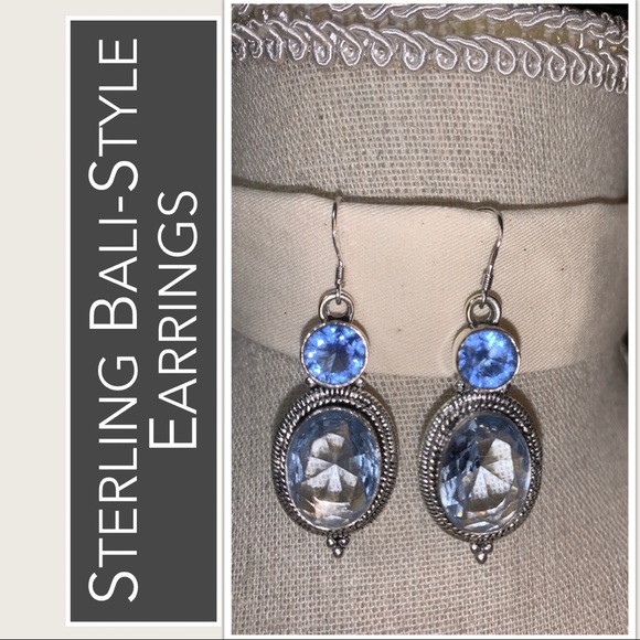 Sterling Earrings Set with Blue Stones - Bali-style with Bead Detailing - Picture 3 of 8